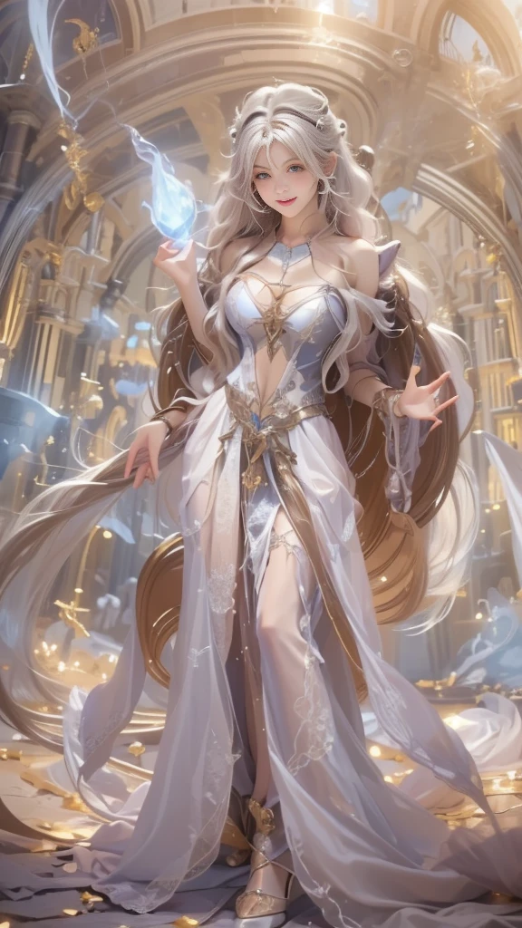 A stunning photorealistic photograph of a beautiful elf woman, ethereal goddess, albino, white hair, white eyebrows, full body, baroque intricate silver headdress, cover, hyperdetailed painting, luminism, Bar lighting, complex, 4k resolution concept art portrait by Greg Rutkowski, Artgerm, WLOP, Alphonse Mucha, little fusion, realistic fantasy, fractal isometrics details bioluminescence, beautiful awesome, 3d render, octane render, intricately detailed, cinematic, trending on artstation | Isometric | Centered hypereallistic cover photo awesome full color, hand drawn, dark, gritty, realistic mucha, klimt, 12k