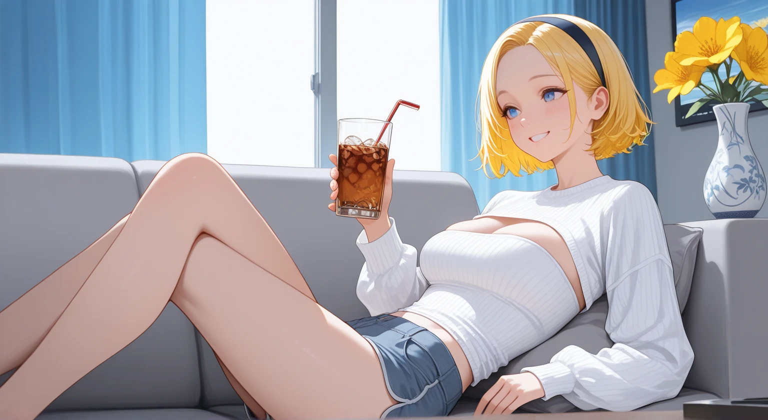 Girl with long blonde hair wearing a long white t-shirt sitting on a couch without pants or panties eating popcorn spreading legs 