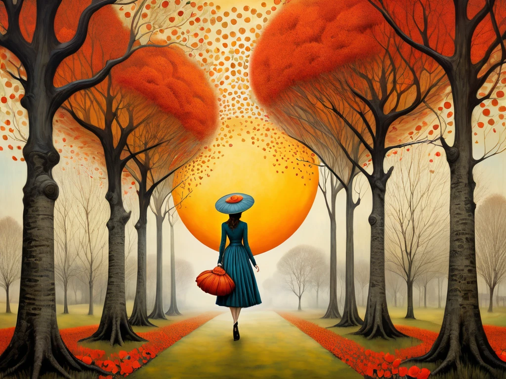oil painting rough brush strokes. Surreal, minimalist and abstract art. Catrin Welz-Stein, Arthur Rackham Daniel Merriam,Gabriel Pacheco, debeh surreal. Young woman, wearing cotton handbags, dress with fantastic geometric textures and patterns, walks along a tree-lined avenue. In the background are wide meadows with yellow and red poppies. Trees with leaves and large snails, orange sun of with ceramic and copper sun rays.