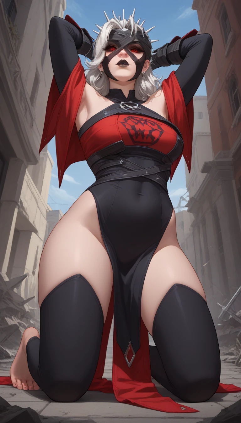 LadyAska|, master-piece, bestquality, 1 girl, 25 years old, medium breasts, futuristic sexy clothing, futuristic city scene, arms over head, against wall, View viewers from the front., Thigh strap, Head tilt, shy smile, yellow eyes, ((red hair ponytail)), (((glasses))), perfect lighting