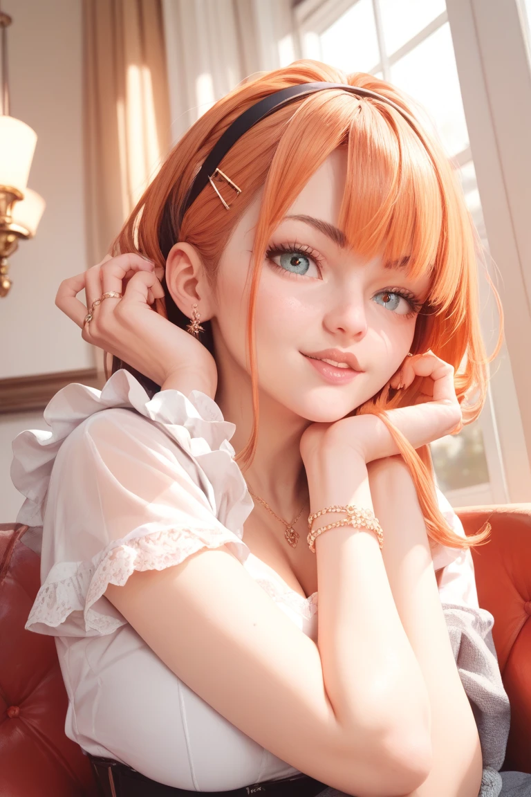 SFW, 1girl, big clear eyes, eye contact, (small breasts:1.2), red choker, wide view, parted lips, pulpy lips, bright orange hair, showing off skirt, short messy hair, bangs, highly detailed, soft tones, extreme detail, no background, (detailed textures:1.1),  dramatic light, happy smile, high Depth Of Field, slight fisheye lens