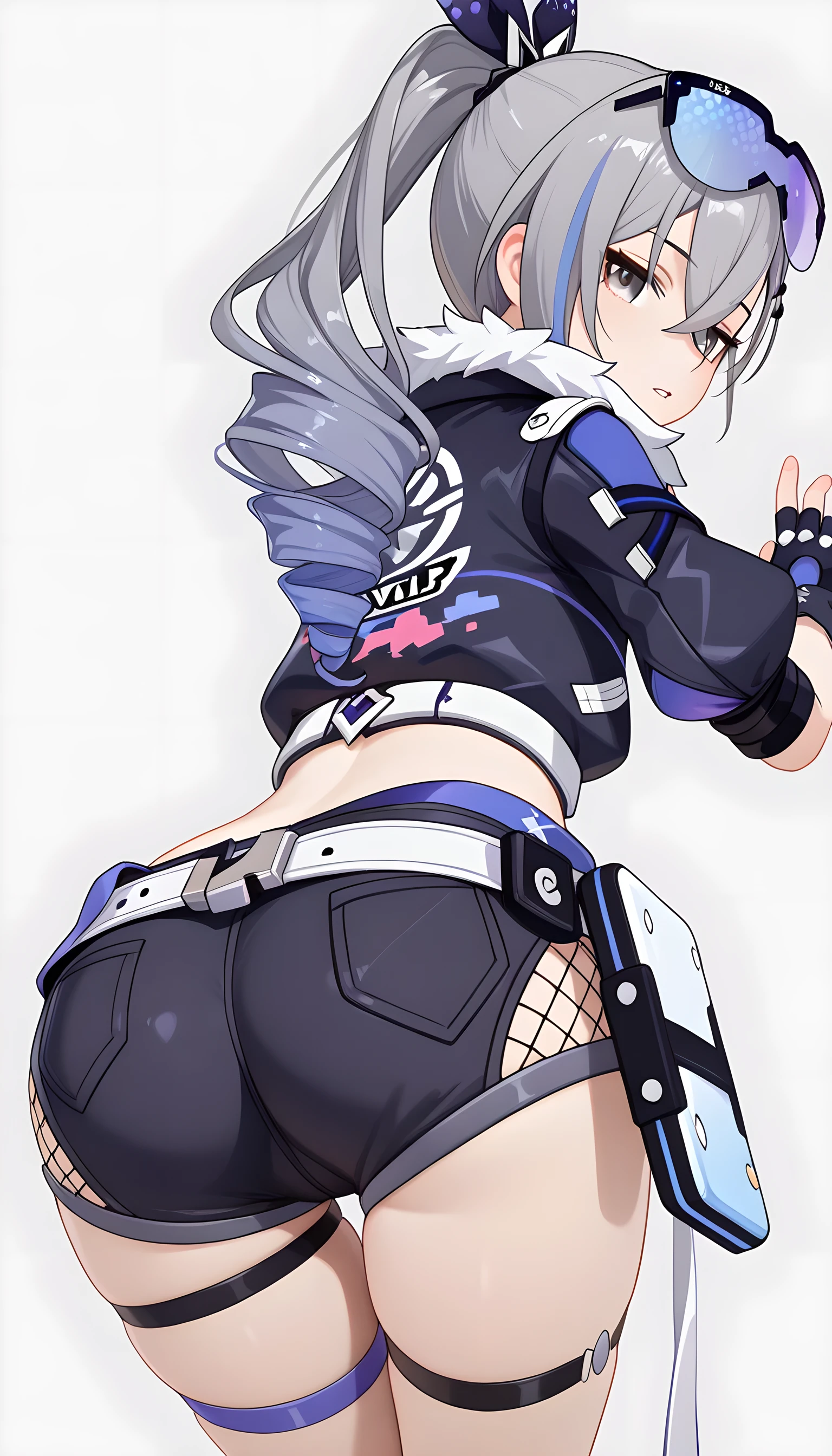 1girl, silver wolf \(honkai: star rail\), cropped jacket, fingerless gloves, black shorts, eyewear on head, sunglasses, thigh strap, hair ribbon, hairclip, drill ponytail, from behind, ass focus, leaning forward, looking at viewer, looking back, parted lips, simple background, white background,
masterpiece, best quality, amazing quality, newest, 3d