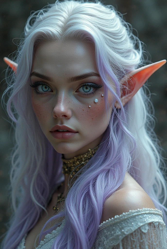 female  elf Empress with platinum blonde hair with purple streaks and silver eye, .extremely detailed/aesthetic/concept art/ultra fine detail/masterpiece/8k resolution/dark fantasy/hyper realistic/real life/ultra detailed/extreme/magical/perfection