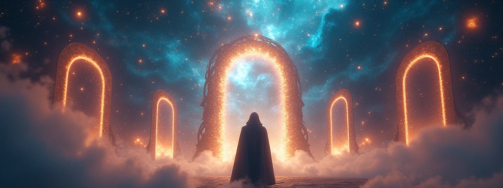 A mysterious man standing in front of an array of cosmic doors but cannot interfere with fate, ethereal space background, vibrant nebula colors, glowing stars, surreal atmosphere, dramatic lighting