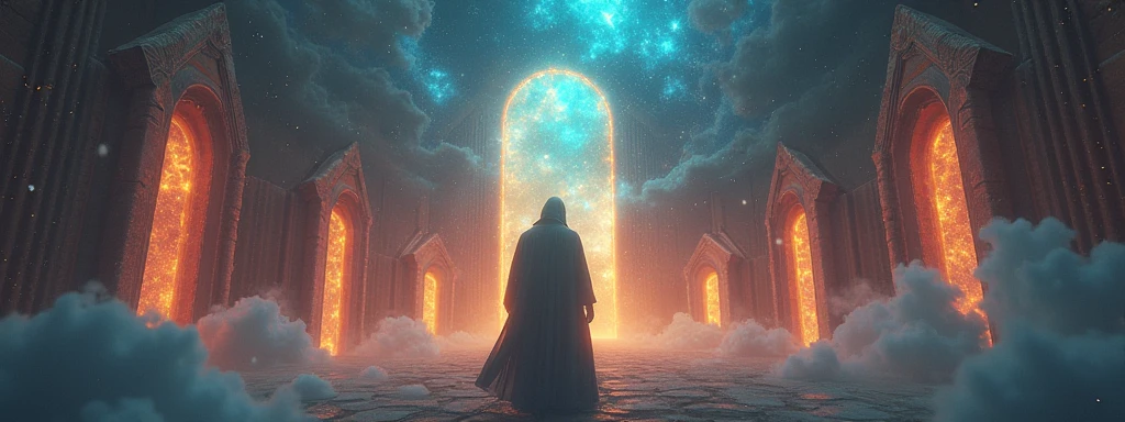 A mysterious man standing in front of an array of cosmic doors but cannot interfere with fate, ethereal space background, vibrant nebula colors, glowing stars, surreal atmosphere, dramatic lighting