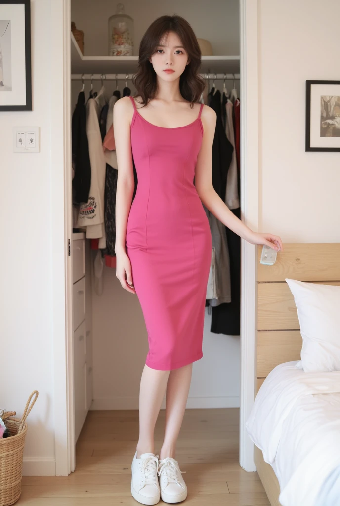 brunette, smile, flat chest, skinny face, white wall, no decoration, short pink dress, looking at camera smiling, standing in white hallway, photo from behind, wearing high heel boots
