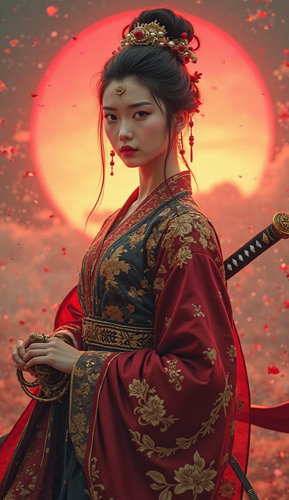  A stunning empress warrior standing tall in front of a glowing crimson sun, wearing an ornate traditional Hanfu robe with intricate golden embroidery and floral patterns, her hair styled in a voluminous updo adorned with elaborate golden hairpieces and dangling red ornaments, intense yet graceful expression, porcelain skin, ruby jewel on her forehead, holding a beautifully decorated katana with golden hilt and dragon engravings, deep red and black color tones in her attire, wind subtly moving her robes and hair, glowing sky with clouds and cherry petals in the air, cinematic atmosphere, soft natural light with warm golden highlights, ethereal and majestic, highly detailed textures on fabric and accessories, photorealistic face, detailed jewelry, fantasy realism style, 8K resolution, no text, full body centered portrait, vertical layout, --ar 9:16 --v 5 --style raw --q 2 --s 750 --hd