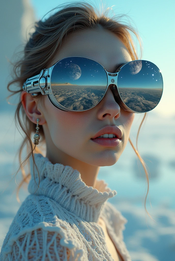 The model is wearing glass sunglasses with stars and the moon on the glass