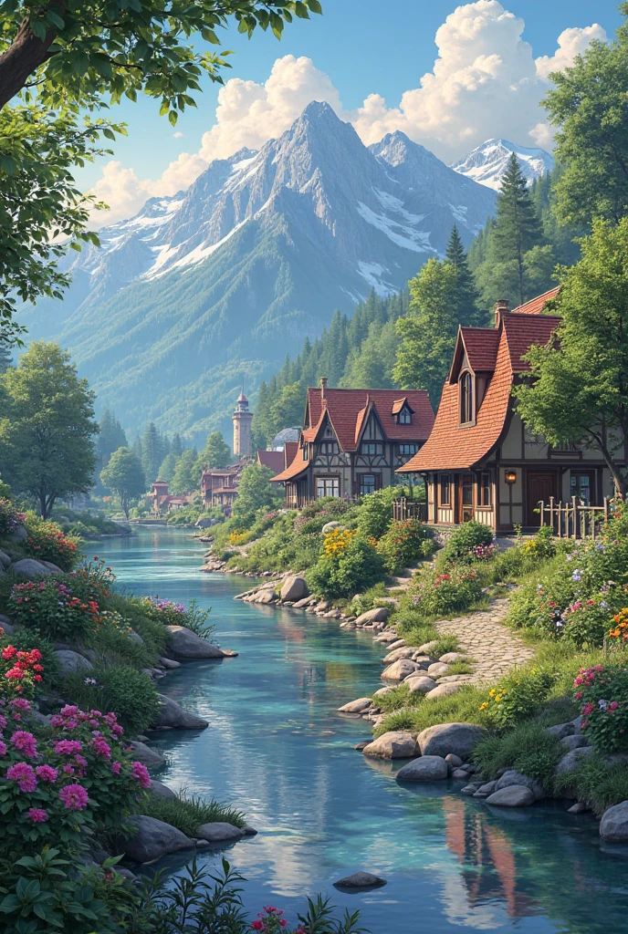 A small town by the river, Mountains in the background, Colorful flowers, Detailed landscape, Beautiful Natural Scenery, Atmospheric lighting, blazing sunset,  warm color , Practical and Photographically Practical, Detailed leaves, Complex buildings , Gravel path , charming country house, swirling colorful colors, lush greenery, quiet water reflection, picturesque, Pastoral, Work of art, Best Quality, 8k, of the building is very detailed, Anime Styling