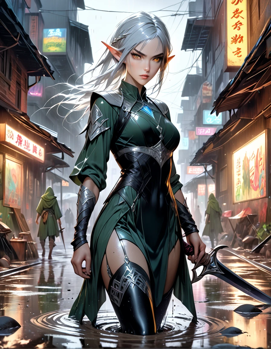 (((elven))) female, 31 years old, with short raven hair tucked behind her sleek elven ears with silver tattoos, her yellow eyes sharp and predatory, a narrow face with high cheekbones, her lips thin and black, clad in a tight black leather  with silver stitching that emphasizes her agile frame, a dagger  at her thigh, posed in a rain-soaked slum, neon signs flickering in the dark, puddles reflecting a stormy sky, ultra-realistic, HDR, rendered 8K.