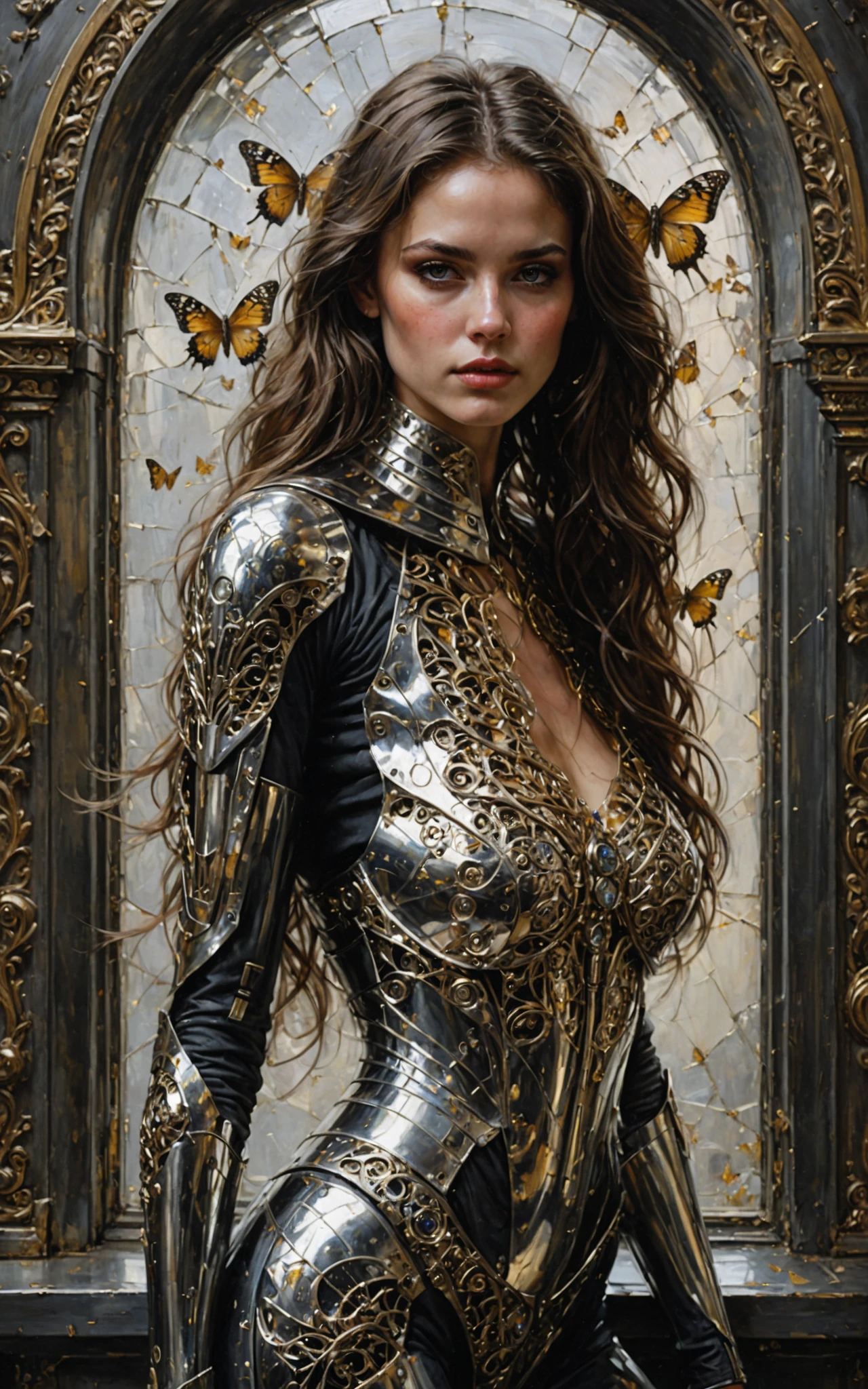  In Casey Baugh's impressive style , ,  futuristic, SciFi, complicated, elegant, very detailed, majestic, Baugh's brushwork gives the painting a unique combination of realism and abstraction, greg rutkowski,  surreal gold filigree , broken glass, (Meisterwerk, Side lighting, Finely detailed, beautiful eyes: 1.2), HDR, realistic painting, natural skin, textured skin, closed mouth, Crystal Eyes, Butterfly filigree , Brustpanzer, Eye make-up, robot joints, langes,  wind-moving hair , Fenster,  that looks at another world , Baugh's characteristic style captures the essence of the girl's enigmatic nature, invites the observer,  to explore the depths of her soul ,  award-winning art  
