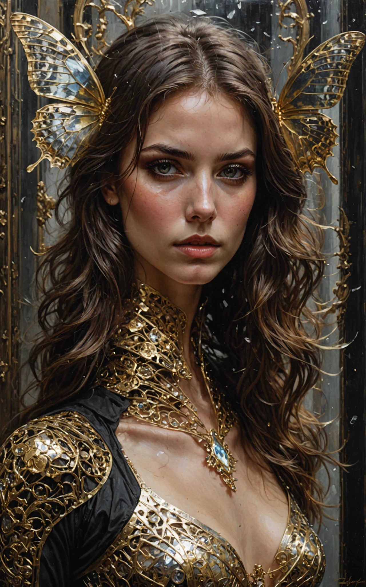  In Casey Baugh's impressive style , ,  futuristic, SciFi, complicated, elegant, very detailed, majestic, Baugh's brushwork gives the painting a unique combination of realism and abstraction, greg rutkowski,  surreal gold filigree , broken glass, (Meisterwerk, Side lighting, Finely detailed, beautiful eyes: 1.2), HDR, realistic painting, natural skin, textured skin, closed mouth, Crystal Eyes, Butterfly filigree , Brustpanzer, Eye make-up, robot joints, langes,  wind-moving hair , Fenster,  that looks at another world , Baugh's characteristic style captures the essence of the girl's enigmatic nature, invites the observer,  to explore the depths of her soul ,  award-winning art  