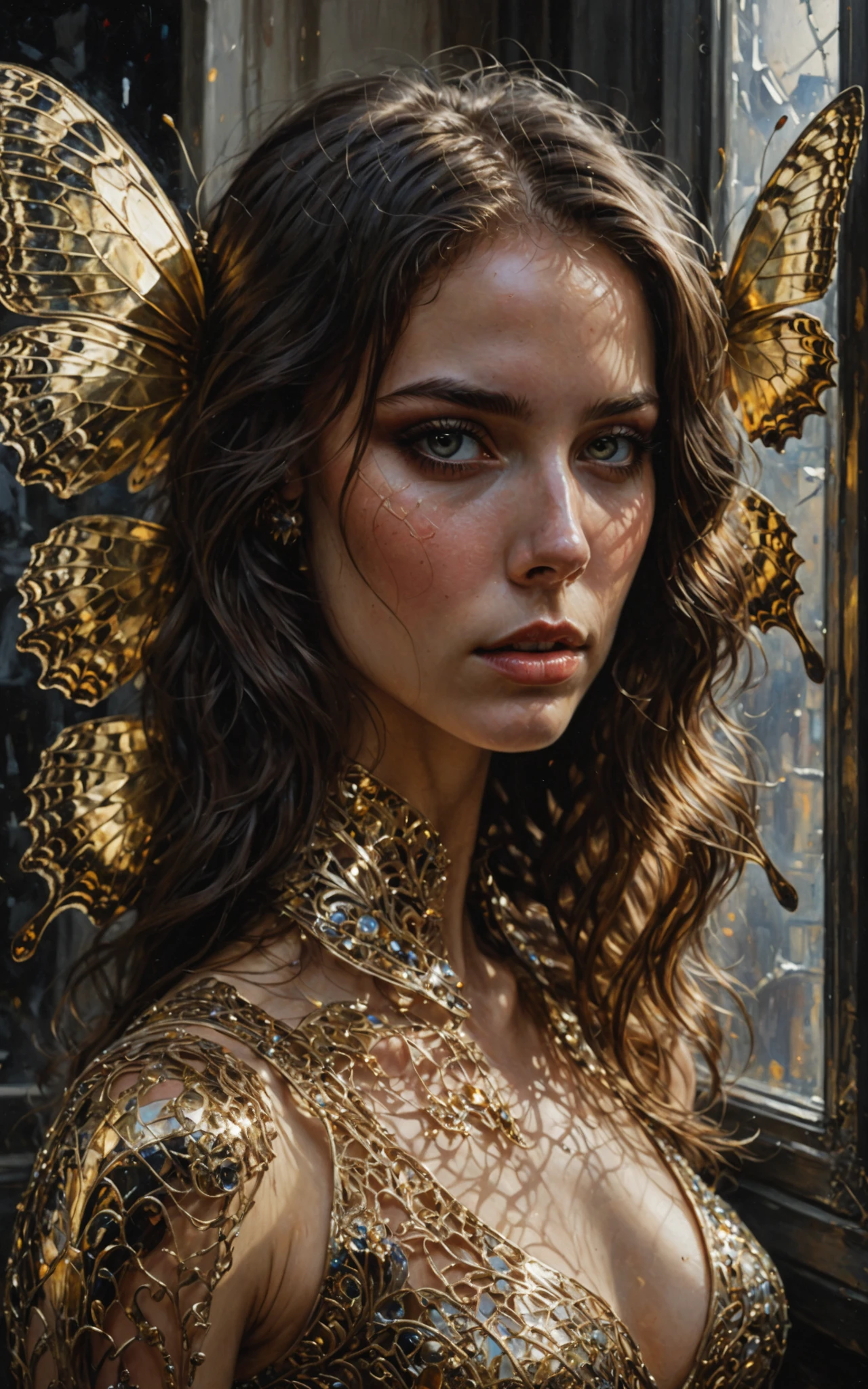  In Casey Baugh's impressive style , ,  futuristic, SciFi, complicated, elegant, very detailed, majestic, Baugh's brushwork gives the painting a unique combination of realism and abstraction, greg rutkowski,  surreal gold filigree , broken glass, (Meisterwerk, Side lighting, Finely detailed, beautiful eyes: 1.2), HDR, realistic painting, natural skin, textured skin, closed mouth, Crystal Eyes, Butterfly filigree , Brustpanzer, Eye make-up, robot joints, langes,  wind-moving hair , Fenster,  that looks at another world , Baugh's characteristic style captures the essence of the girl's enigmatic nature, invites the observer,  to explore the depths of her soul ,  award-winning art  