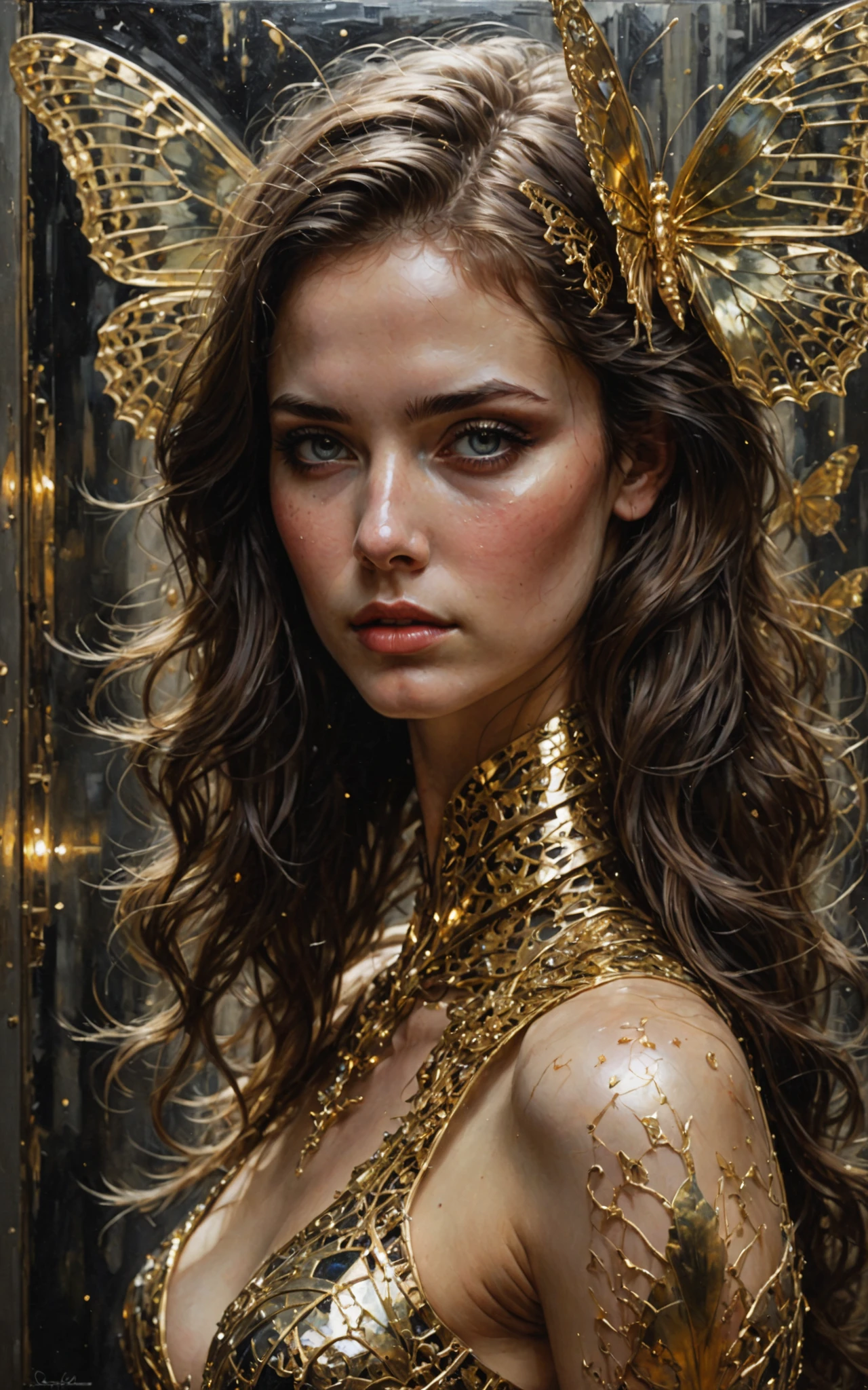  In Casey Baugh's impressive style , ,  futuristic, SciFi, complicated, elegant, very detailed, majestic, Baugh's brushwork gives the painting a unique combination of realism and abstraction, greg rutkowski,  surreal gold filigree , broken glass, (Meisterwerk, Side lighting, Finely detailed, beautiful eyes: 1.2), HDR, realistic painting, natural skin, textured skin, closed mouth, Crystal Eyes, Butterfly filigree , Brustpanzer, Eye make-up, robot joints, langes,  wind-moving hair , Fenster,  that looks at another world , Baugh's characteristic style captures the essence of the girl's enigmatic nature, invites the observer,  to explore the depths of her soul ,  award-winning art  