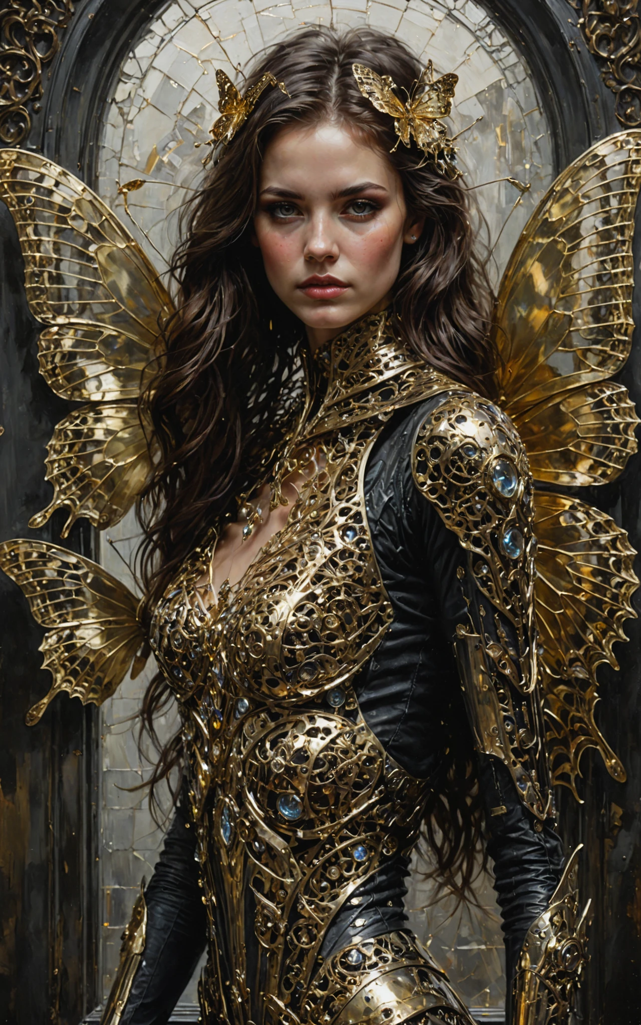  In Casey Baugh's impressive style , ,  futuristic, SciFi, complicated, elegant, very detailed, majestic, Baugh's brushwork gives the painting a unique combination of realism and abstraction, greg rutkowski,  surreal gold filigree , broken glass, (Meisterwerk, Side lighting, Finely detailed, beautiful eyes: 1.2), HDR, realistic painting, natural skin, textured skin, closed mouth, Crystal Eyes, Butterfly filigree , Brustpanzer, Eye make-up, robot joints, langes,  wind-moving hair , Fenster,  that looks at another world , Baugh's characteristic style captures the essence of the girl's enigmatic nature, invites the observer,  to explore the depths of her soul ,  award-winning art  