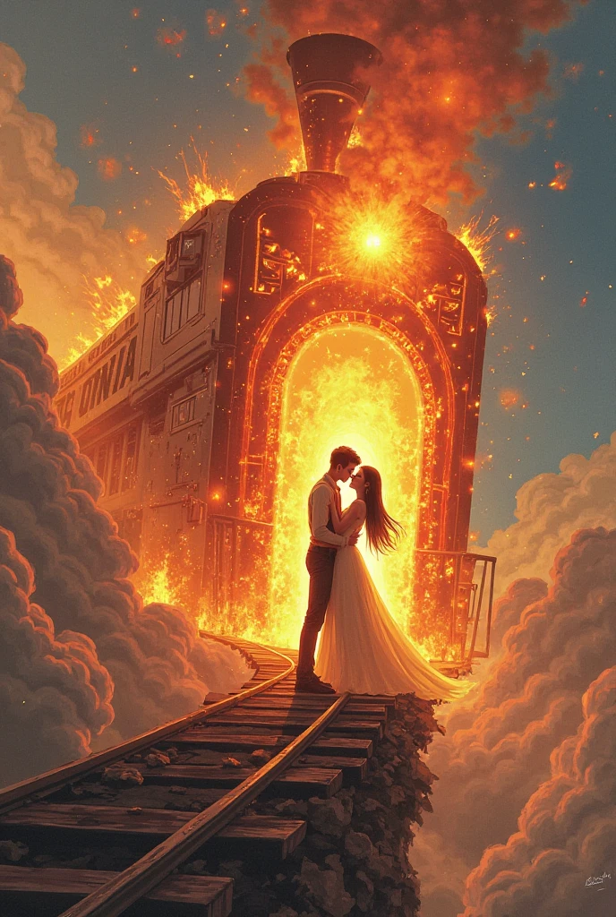 a burning train that flies everywhere you can think of and a couple who were inside the train that say goodbye with passion, The character could be animated