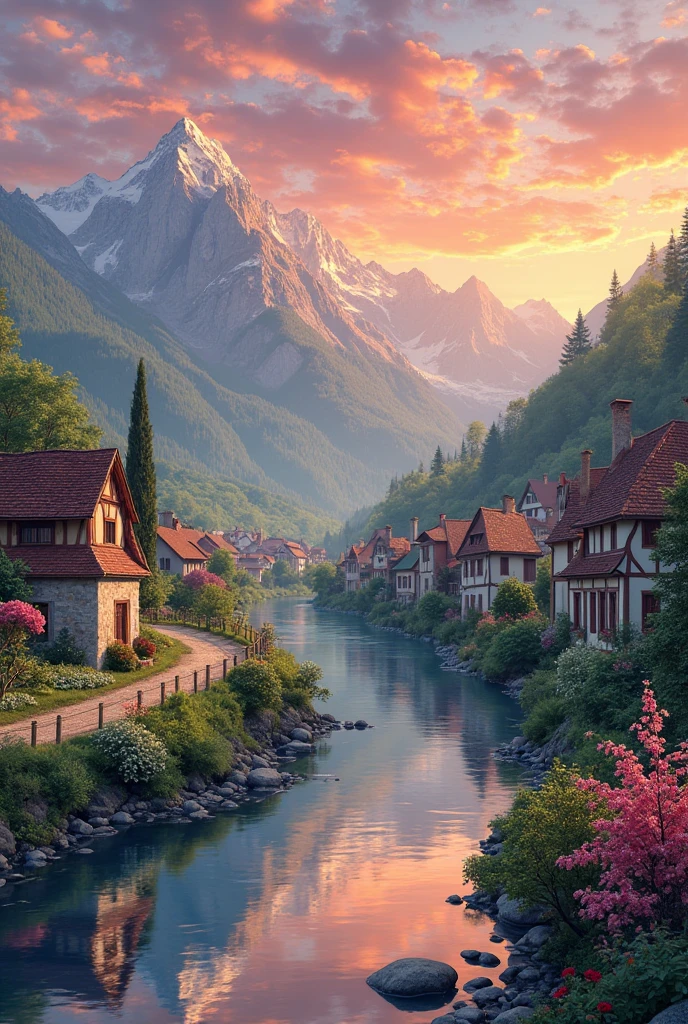 a small village by the river, mountains in the background, floral flowers colorful, detailed landscape, Beautiful natural landscapes, atmospheric lighting, scorching sunset, warm colours, practical, photopractical, Detailed Foliage, complex buildings, cobblestone street, Charming country house, swirly vibrant colors, lush vegetation, Still water reflections, Picturesque, idyllic, work of art, best qualityer, 8k, extremely detaild,anime styling
