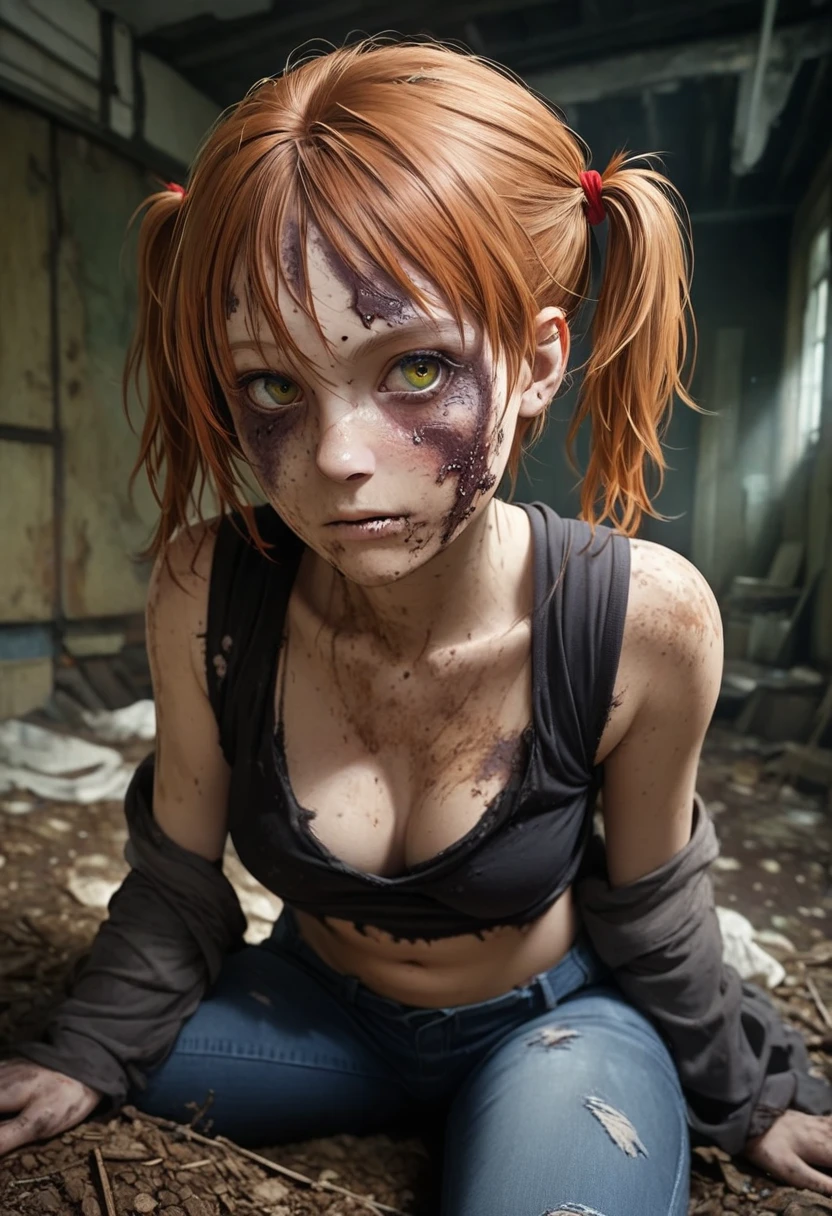 (zombie girl:1.3), tattered ruined clothes, dead rotting skin on the face, freckles, freckled body, dirty muddy hair, extremely detailed dried rotting peeling dead skin, malnourished woman, blind, wide angle, detailed environment, detailed background, highly detailed, intricate, detailed skin, natural colors, professionally color graded, photorealism, 8k, moody lighting, art by George Pfau, 21 years old, sultry, playful, navel, sheer sleeveless hoodie, goth pigtails, galaxy hair, eye focus, stealth paint, tight jeans, cleavage, taken in the early 1990s, red ribbon, portrait of mia farrow