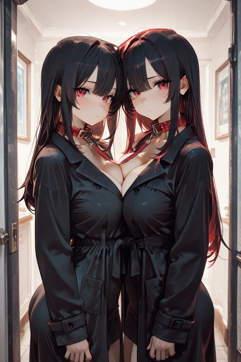 Rivertsukatsuki, River, black hair, (red eyes:1.5), hair ornament, hairclip, Halation, long hair,
、Extremely large breasts(4700)、 Huge 、Two people、lace devil lingerie、A girl with long black hair and long grey hair