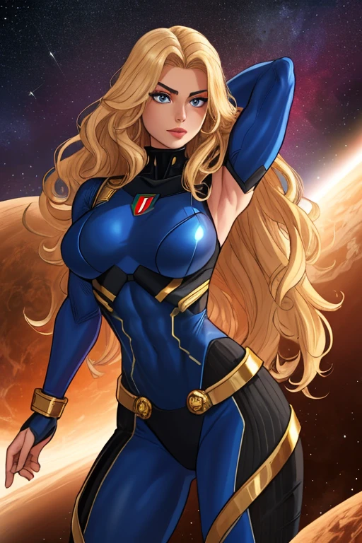 1 Girl、Medium Bust、solo、Blonde、Braid、Mobile Race Suit、Shoulder Armor、ceiling、Wide Shot、Looking Ahead、profound、Fighting Pose、Closed Mouth、Highest quality、medium quality、22 years old、Mobile Trace System、cockpit、