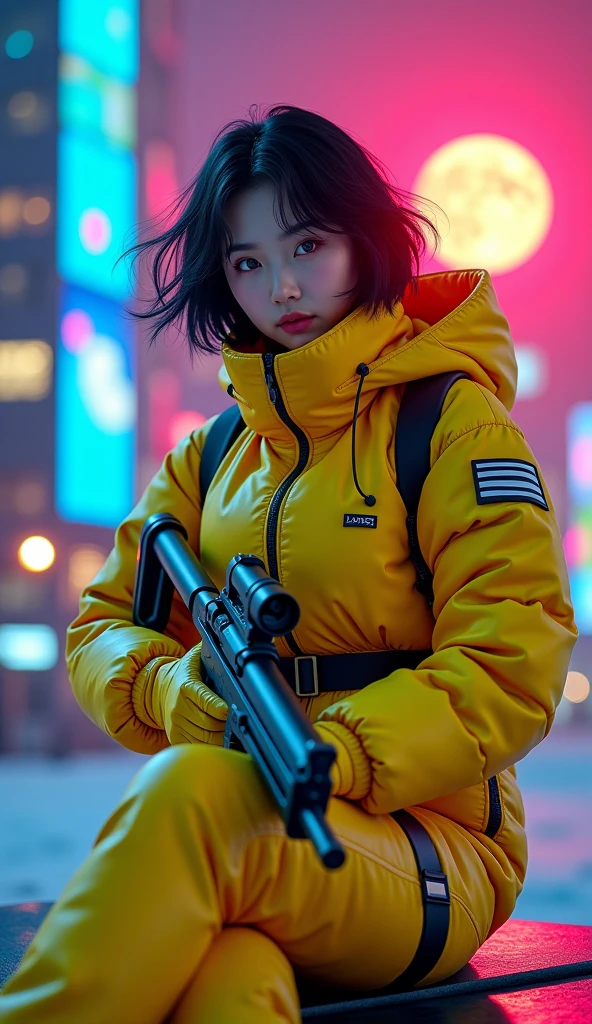 (masterpiece, best quality, beauty, best ratio, best shadows,best Illustration, wallpaper size,1080×2400 pixels,detailed face,pastel colors, futuristic theme) 
uhd, korean beautiful female, full posture fully visible, shining blue eyes, windblown short hair, wear dominant yellow camo colour and yellow strip full  armory leather, yellow high heel ice skates, hand holding futuristic neon rifle emits gold energy, sitting on a bench in front of a futuristic city with many colorfull glass houses. outer space, big neon billboard, big red  moon seen on far away. use the RenderMan renderer.digital art.High definition, high contrast, high color saturation ,128k,cinematic lighting, intricate,cinematic advertising photograph,cinema lens,high res.