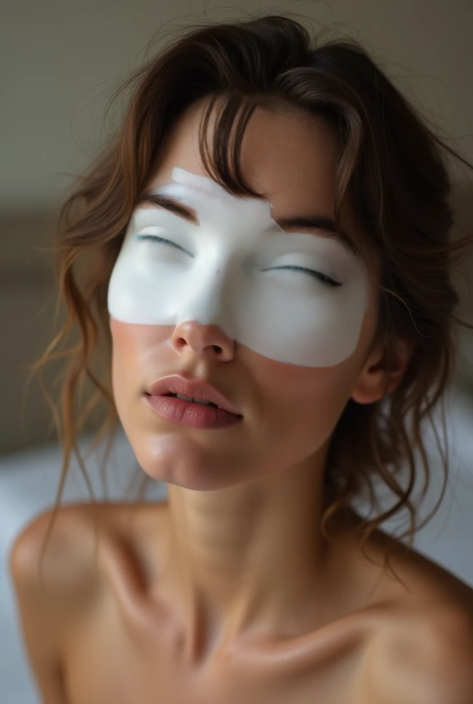 (portrait),topless,beautiful,happy blindfolded,23 years old,woman,wavy messy,shoulderlong,red hair,facial freckles, black sleepmask blindfold.