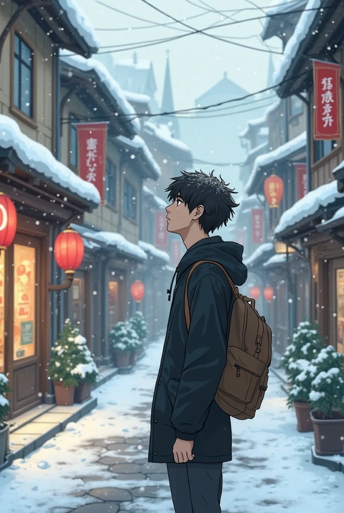 A young man standing on a snowy sidewalk, wearing a black hoodie coat and backpack. Snowflakes are gently falling onto his hair and coat. The background is a small peaceful town drawn in Studio Ghibli style, with soft pastel colors, Turkish-style shop signs, and a misty winter atmosphere. The overall composition includes detailed architecture, soft lighting, and a calm, nostalgic vibe, inspired by scenes from "Whisper of the Heart" or "Spirited Away".