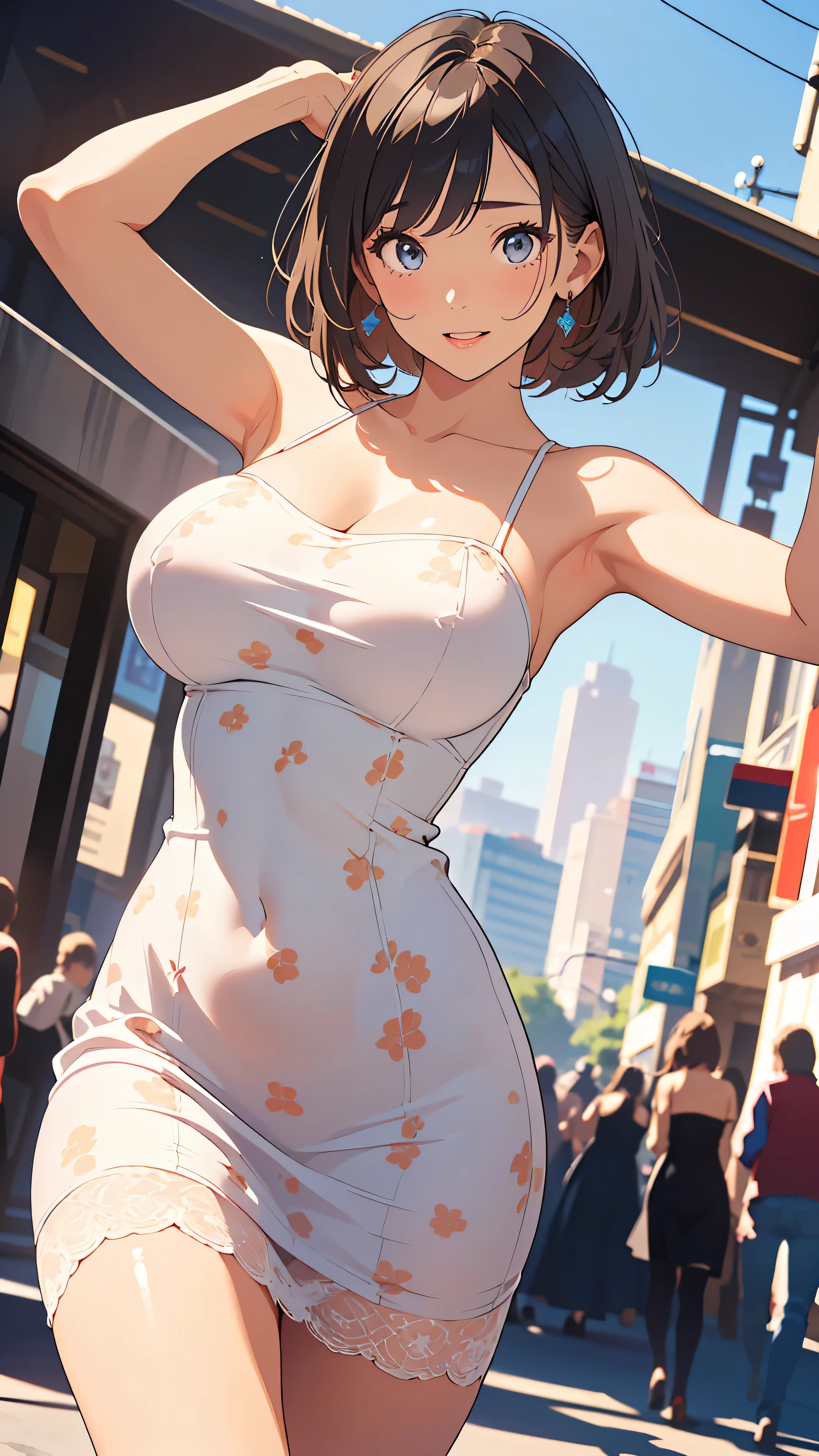 masterpiece, top quality, This is an illustration of the city, Nostalgic Photos:1.5, ((outlined in very thin lines :1.3)), very accurate, fine sections , high resolution, 8k Wallpaper, SLR camera , perfect dynamic configuration, detailed expressions , beautiful eyes in every detail, Real Costumes , ( cute, long dress, Tube Top, Random Color, Simple Pattern:1.3), ( slightly, short hair, shiny hair often,Loose hair), ( big natural breasts:1.3), plump breasts , plump chest, (28-year-old woman, Also々holding the hem of the dress with her hands:1.3), ( so happy, Cheerful look ), Natural Colored Lips, (Around town, no one:1.3), Thighs, (), black long boots, image of a beautiful and well-groomed woman, from back to bottom, looking up at the woman from the ground, Dance lightly,