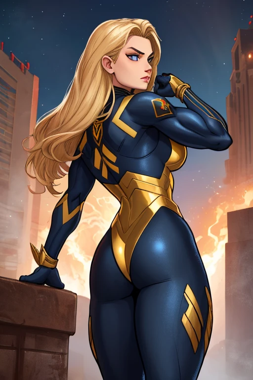 .21 years old woman , long and smooth blonde tone hair, bright and expressive purple eyes, she opted for a mercenary outfit. Booty, busty. Comic style. Marvel comics