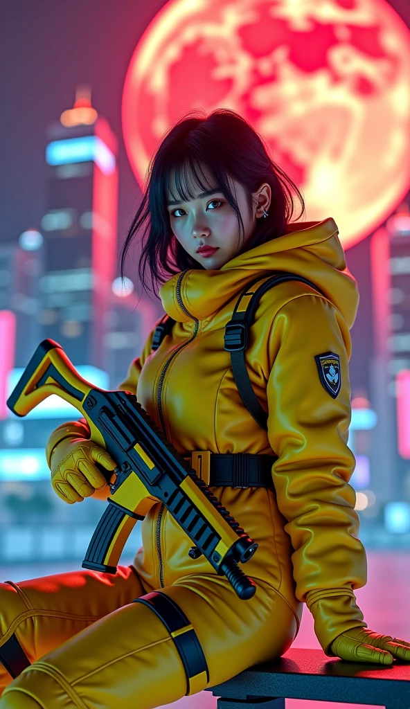(masterpiece, best quality, beauty, best ratio, best shadows,best Illustration, wallpaper size,1080×2400 pixels,detailed face,pastel colors, futuristic theme)
uhd, korean beautiful female, full posture fully visible, shining blue eyes, windblown short hair, wear dominant yellow camo colour and yellow strip full armory leather, yellow high heel ice skates, hand holding futuristic neon rifle emits gold energy, sitting on a bench in front of a futuristic city with many colorfull glass houses. outer space, big neon billboard, big red moon seen on far away. use the RenderMan renderer.digital art.High definition, high contrast, high color saturation ,128k,cinematic lighting, intricate,cinematic advertising photograph,cinema lens,high res.
