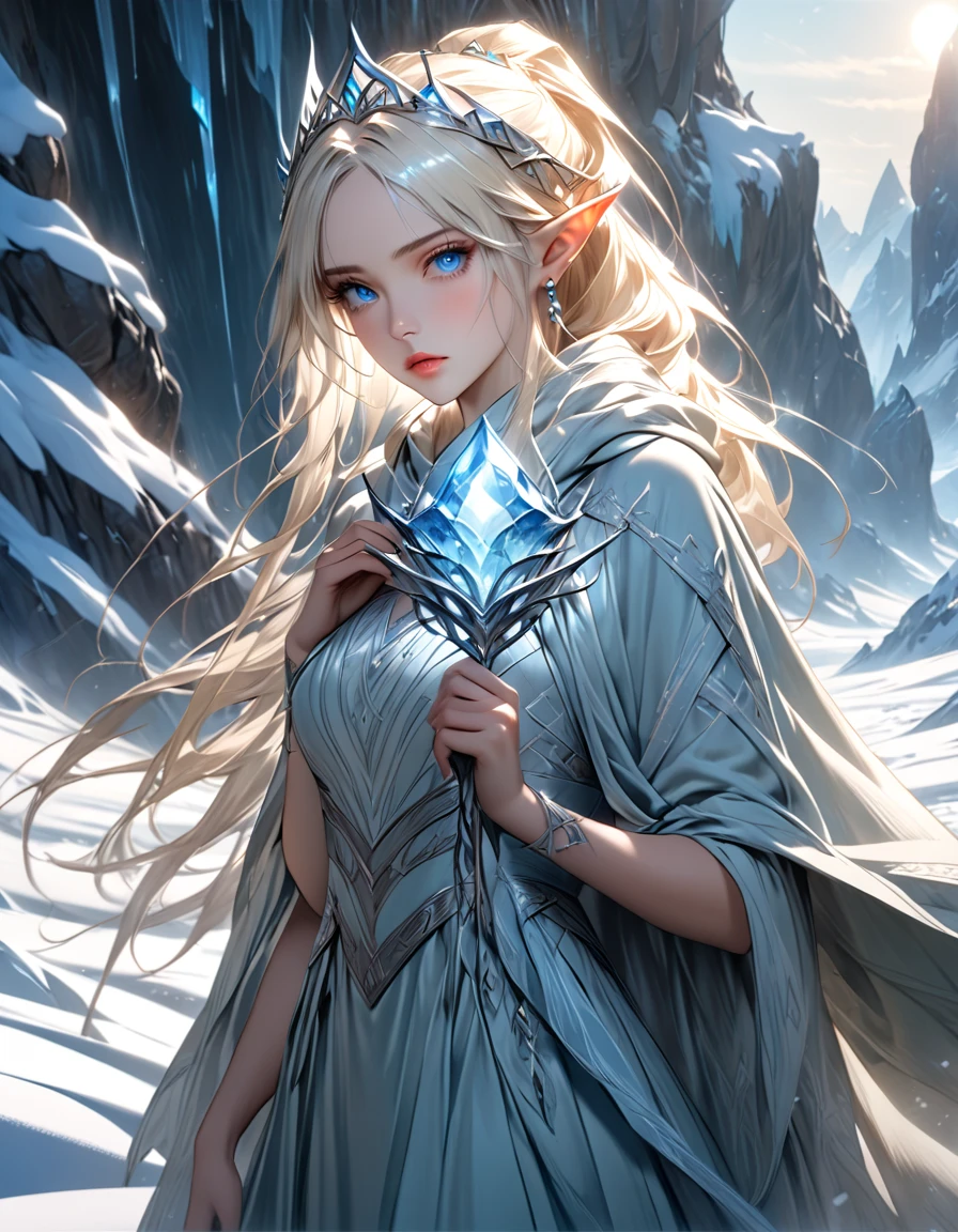 (Masterpiece:1.2), best quality, <lora:Winterblessed_Diana-000016:0.8>, winterblessed diana, 1girl, dress, pauldrons, long hair, white hair, upper body, frozen lake, ice, snow, cowboy shot