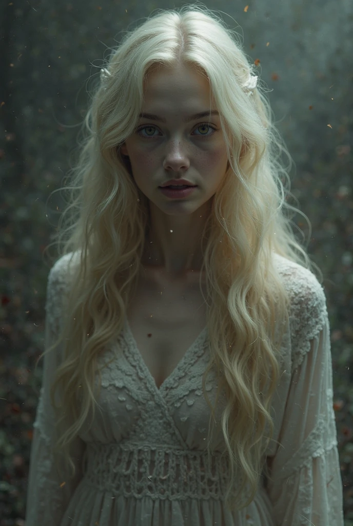 beautiful adult angel girl with beautiful long blond hair、I'm in the middle of all the chaos ((  beautiful rendering  )) ((  calm person)) (({{{{more}}}})) ((Gloomy Atmosphere ))
