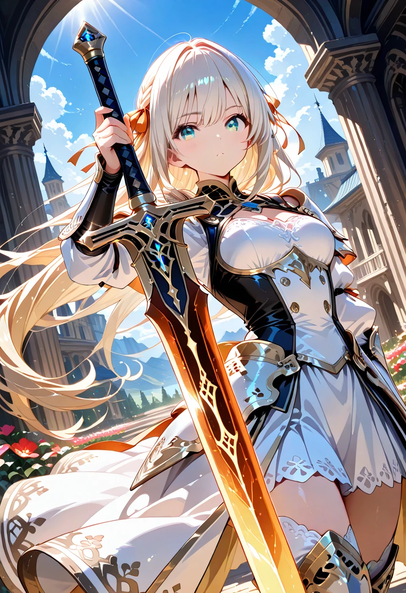 Head to Toe,whole body,Overall image, ,A young woman with long light blonde hair is standing facing forward。、I'm wearing a hat。, alone, Dragon Red Eyes, smile, Grassland background, blush, bangs, Wearing lace-up shoes,Wearing gloves,Dragon Princess,vtuber, looking at viewer
