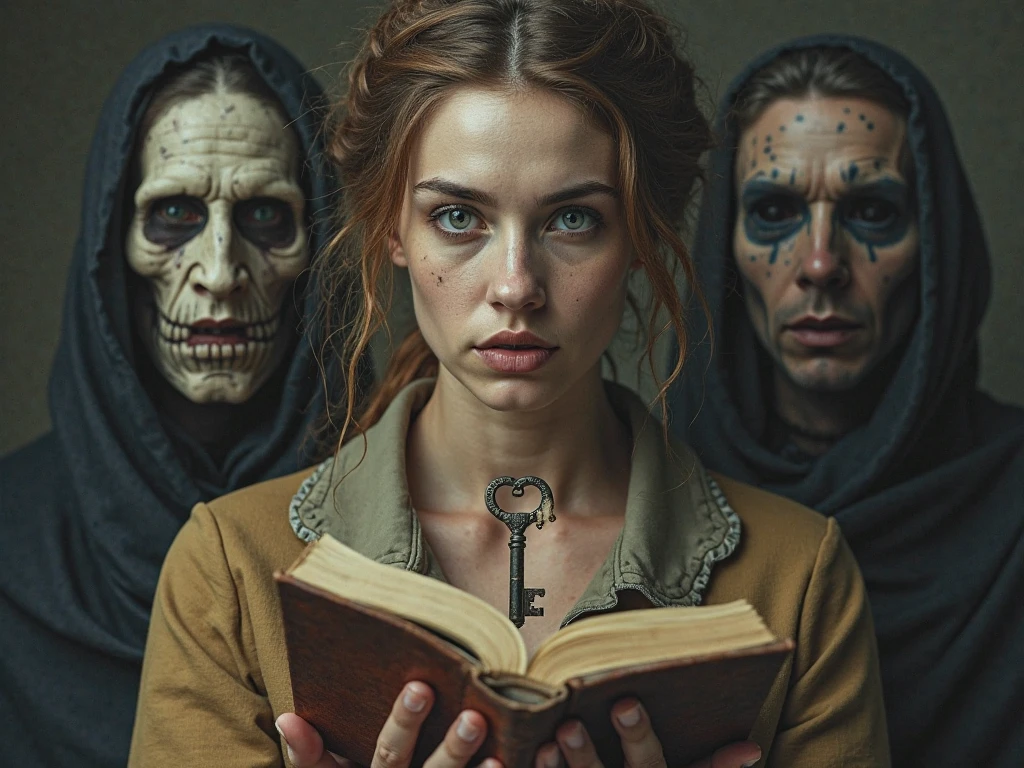 Create an image of a woman with a face that is super expressive of wisdom, As if it had powers. this woman holds a book in her hands and a key in the middle of the book. Behind her another death-like person is coming. in front of her another person who is the expression of someone who is looking for something. both people have their paths crossed