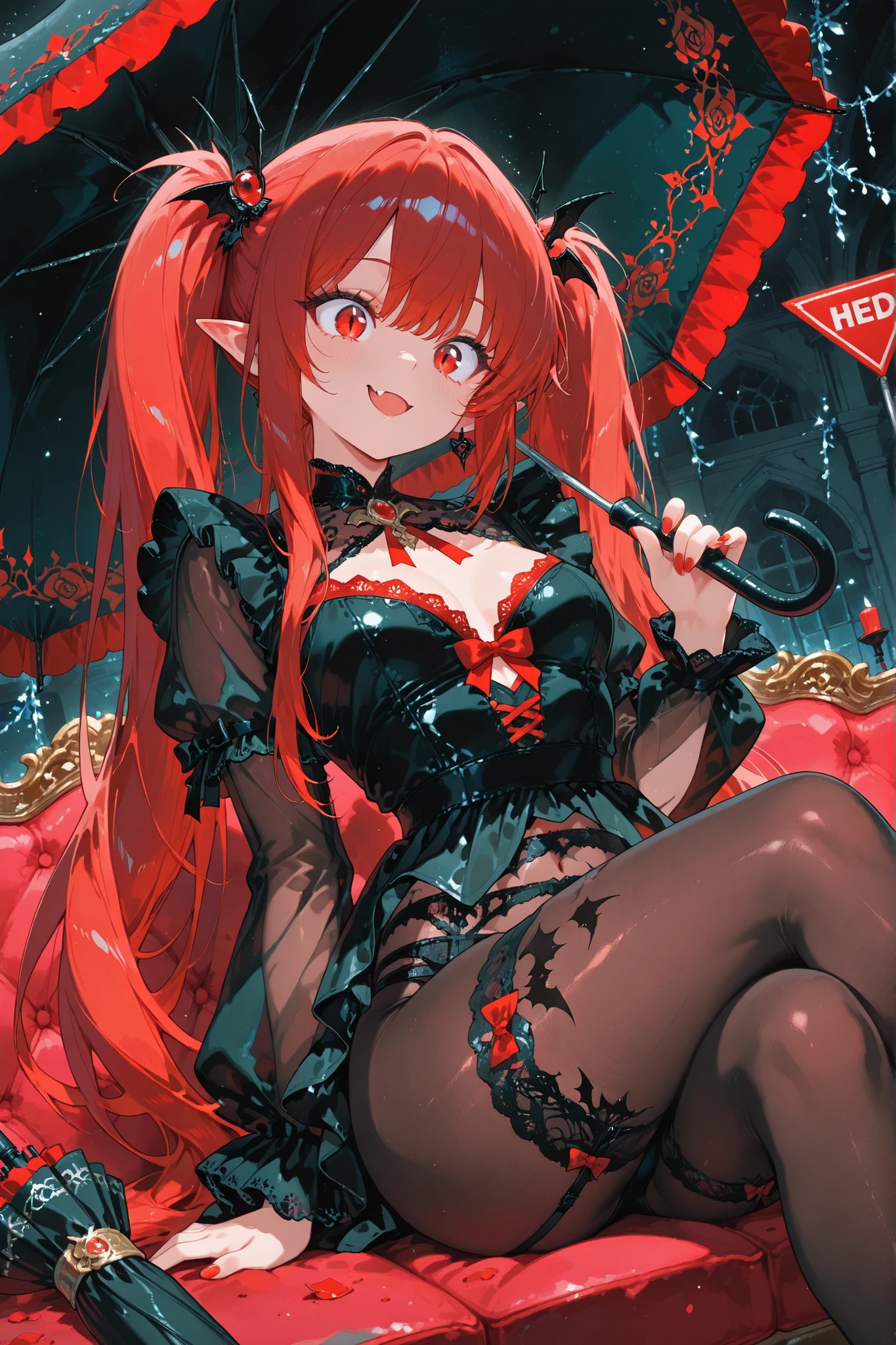 master piece,best quality,ultra detailed (absurd, so beautiful), (hyper-detailed background, illumination), (immortal woman\, Beautiful Eyes, fun!vivid expression, slit eye, long eyelashes, vampire fang, (beautiful long hair\twin tails, asymmetrical hair color, green & red\), Head ornament, overflowing chest, Upper chest), break, loose, sheer decoration that emphasizes the bust, with shimmering decorations:1.1, Provocative red and black leather underwear\Lots of intricate embellishments \See-through body tights, garter belt, break, umbrella, Bat Shape, break, sexy, obscene mark that shines faintly in pink, break, cinema angle , crossed legs,, Darkstalker
