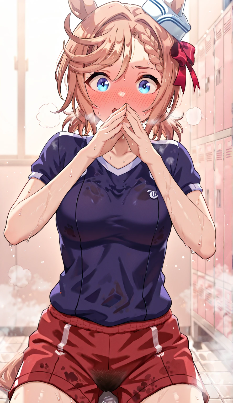 (8k:1.2)(ultra-detailed:1.4),(High quality:1.4),(best quality:1.4),(masterpiece:1.6),(beautiful huge breasts:1.1),(beautiful face:1.3),(beautiful woman:1.3),(bright red hair:1.4),medium hair,a mole around the mouth, (sweat:1.2), (enjoy:1.6), (burst into laughter:1.4), (squinting:1.4),(simple plain uniform:1.1),(gym uniform:1.2),(round neck white t-shirt:1.2),navy blue short Sweatpants,upper body,(closed eyes:1.2),school gym,(close-up:1.2),mature