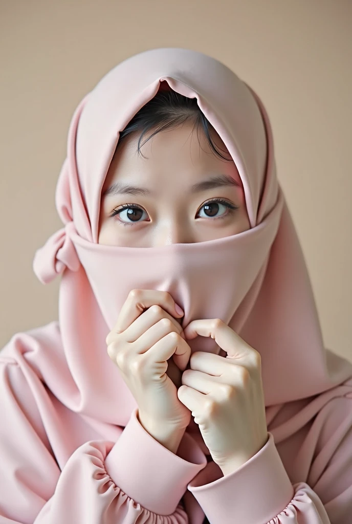 Create a detailed and realistic portrait of a young hijabi girl wearing a niqab, with her face modestly covered and only her eyes visible. complementing the niqab. The background should be soft and neutral, emphasizing the serene and respectful atmosphere. The fabric of the niqab and hijab should have subtle textures, and the girl's eyes should convey warmth and depth. The overall style should be photorealistic, capturing the cuteness and simplicity, the face should be covered