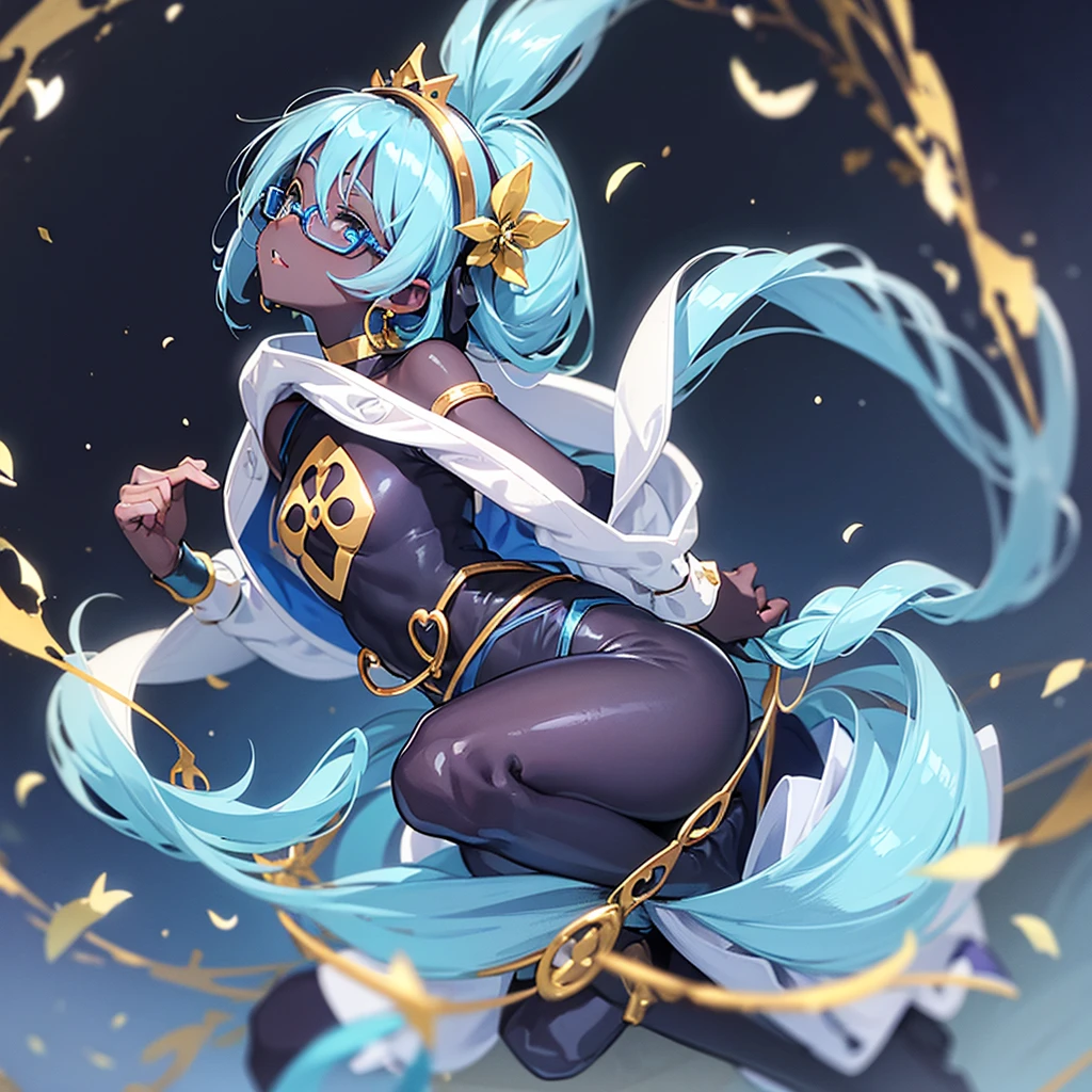 1female , blue skin , blue hair , golden bracelets , black cloudy background , smiling , golden jewelry , muscular build , Djinn, genie , black eyes , evil