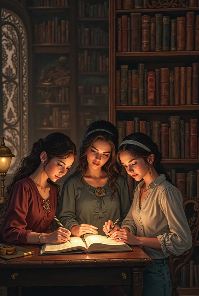 তিন টি সুন্দরি মেয়ে লিখিকা হাতে সুন্দর বই লাইব্রেরি তে 3 জন এক ফ্রেমে আশে পাশে সুন্দর বই থাকে থাকে সাজানো ডার্ক পরিবেশ