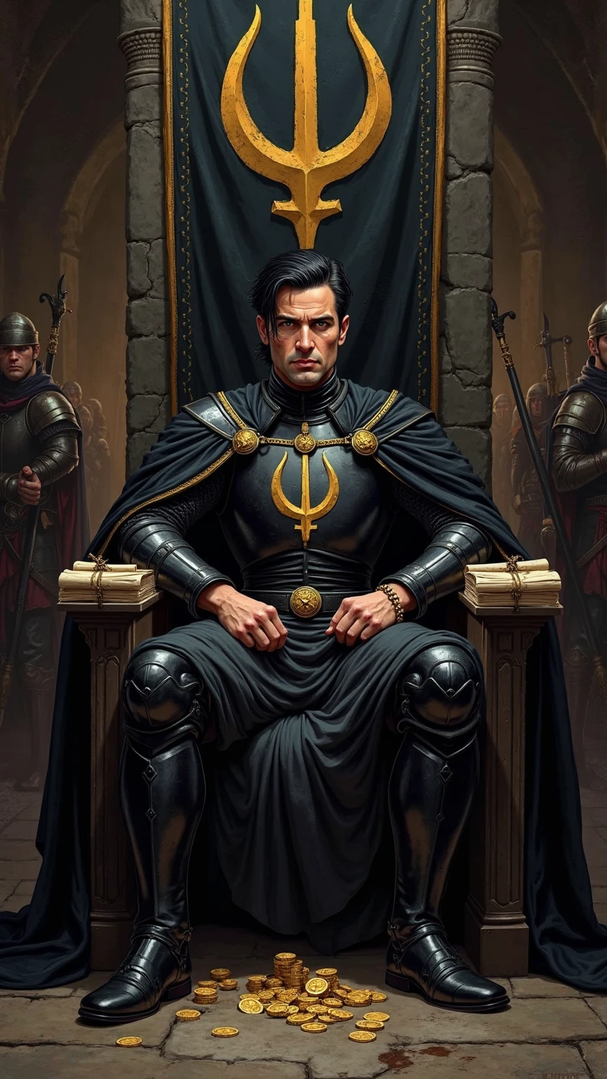 A realistic medieval fantasy portrait of A regal and tense fantasy portrait of Torrence Teague, a cunning adventurer-turned-king seated on a dark stone throne in a dimly lit hall at Maidenpool. He is in his late 30s, with sharp features, dark intense eyes, and slicked-back black hair. His expression is calculating and alert, exuding ambition and paranoia. He wears black armor with gold embellishments, over which is draped a rich black cloak with golden trim.

Prominently displayed on a banner behind him and on his ????? is the coat-of-arms of House Teague: a golden trident standing upright in the center of a black shield, flanked on both sides by broad, curved golden shapes — like golden parentheses — guiding the eye toward the trident.

Scrolls, gold coins, and sealed letters lie on the arm of his throne, symbolizing the wealth he used to seize power. In the shadowy background stand noble hostages — the sons and daughters of riverlords — watched over by sellswords in foreign armor, a reminder that his crown was bought with blood and coin. The mood is heavy with political tension, the air thick with distrust.

Style: dark political fantasy realism, cinematic lighting with gothic undertones, evoking themes of power, ambition, and fragile authority. 

The colors are natural and muted, with earthy tones and subtle highlights reflecting the sunlight. The thick ink lines and detailed shading evoke the classic style of medieval comic adaptations.