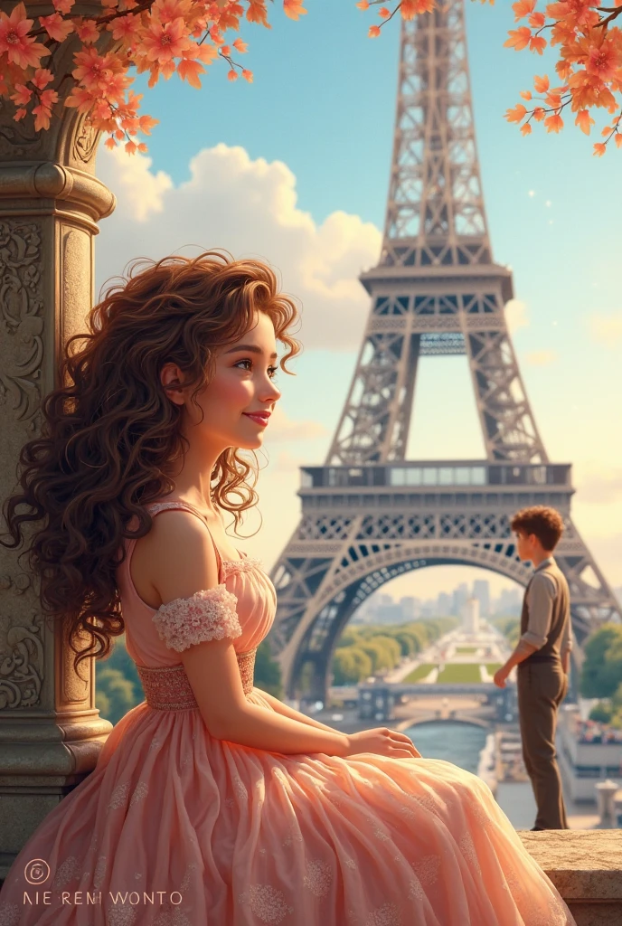 Víctor Nai ' style s ,  beautiful details, a curly-haired brunette girl sitting in front of a French boy smiling at him in the distance and in the background the Eiffel Tower 