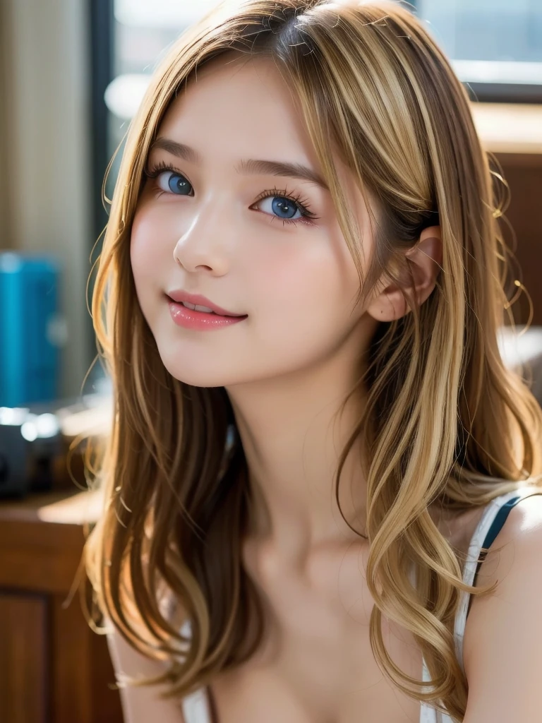 highest quality, Ultra-high resolution, (Realistic:1.4), white ruffled bra、Japanese、Gal、Blonde、blue eyes、cute、smile、White curtain in the background