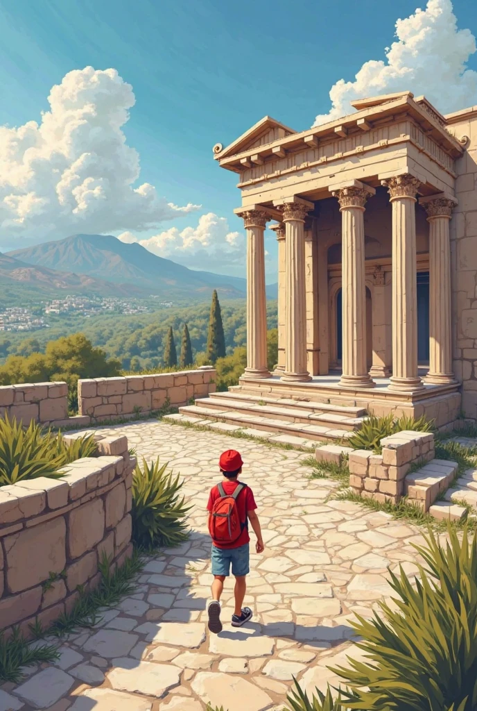 Créer une image de style grecque pour résumer la journée de visite de mon fils en Grèce pour un voyage de classe de 6eme de l'école pascal avec pour programme une balade jusqu'au sanctuaire d'apollon à delphes avec le guide thomas qui leur a expliqué en détail le fonctionnement et l'architecture des vestiges ... avec un peu de pluie.... puis ils sont montés tout en haut pour admirer le stade et le theatre. les collégiens sont modernes avec tous une casquette rouge et mettre les monuments dans leur état actuel 