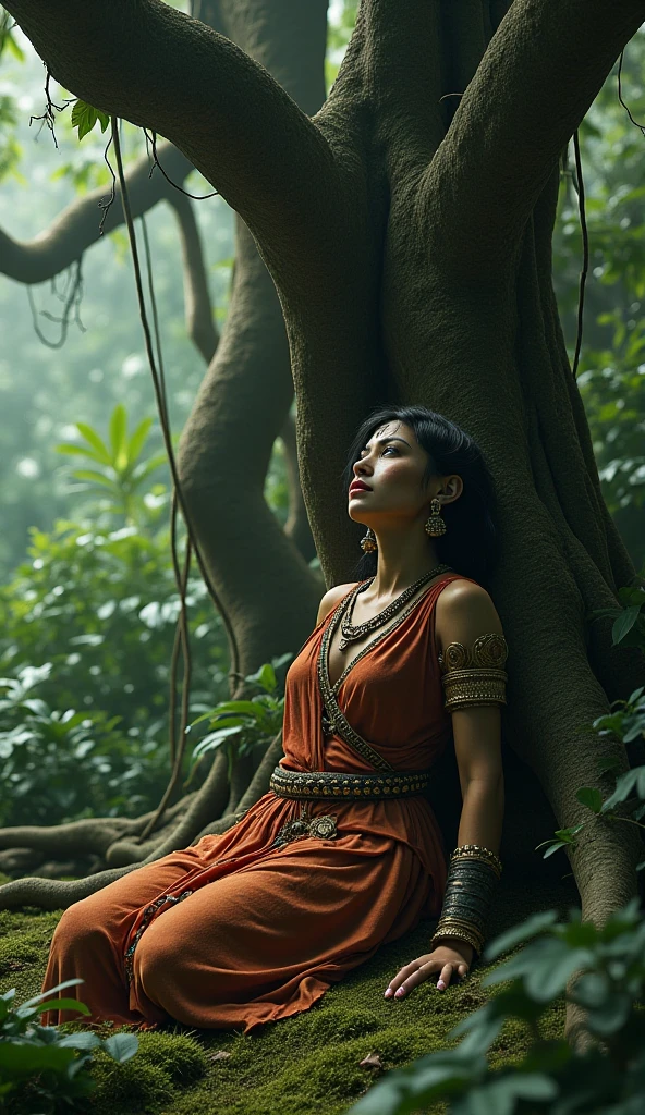 The same Babylonian lady collapses under a massive banyan tree, breathless, knees on mossy ground. Her makeup is smudged, and her gold bangle is cracked. Background is dense with glowing jungle vines.