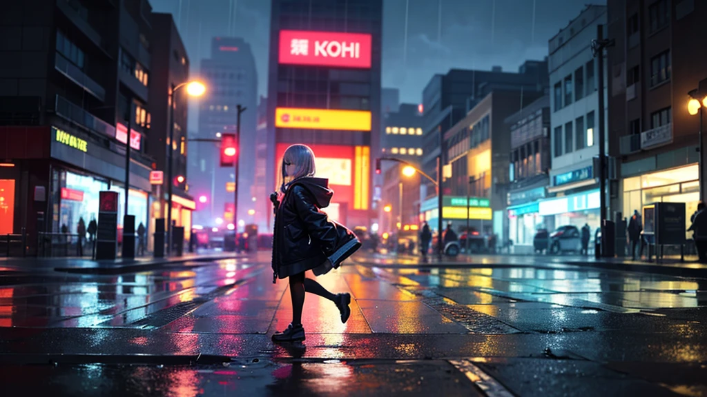 girl walking alone in a late-night city、Neon is reflected on wet asphalt。large jacket、Put on earphones 、expressionless but somewhat ephemeral。The background is blurry streetlights and sign lights、Light rain adds a fantastic atmosphere。The composition is cinematic、sentimental and stylish。Color is Deep Blue、Magenta、Silver type