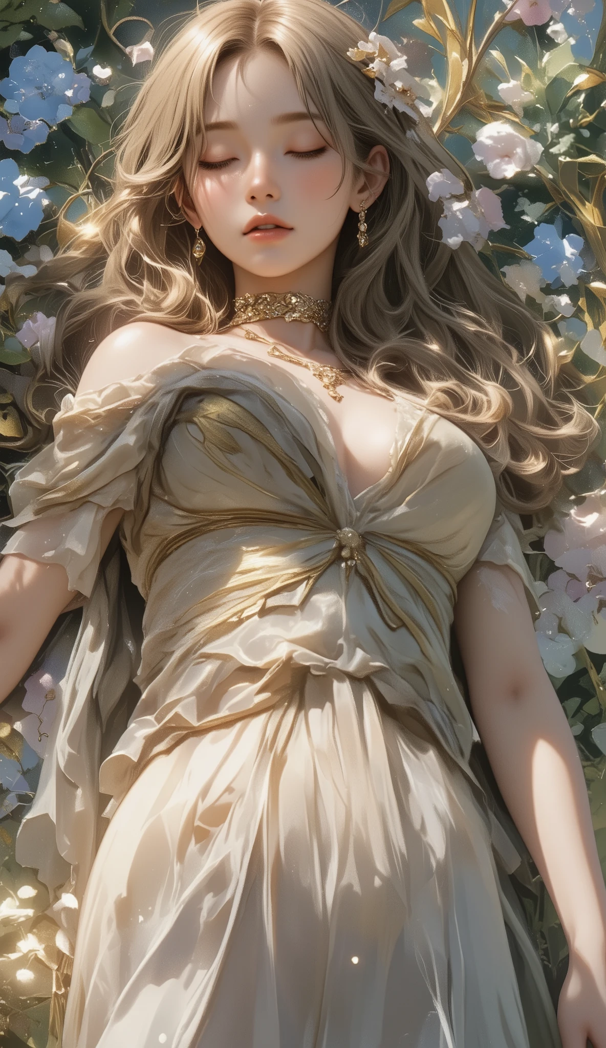 masterpiece, best quality,Facing the audience, Upper Body,woman,greek goddess style, Melon seed face, ((slender eyes)), There is a mole under the eye,Brown eyeballs, Thin lips, blond, Very long hair, close your mouth and smile,30 years old, self-portrait, Simple background,White dress,