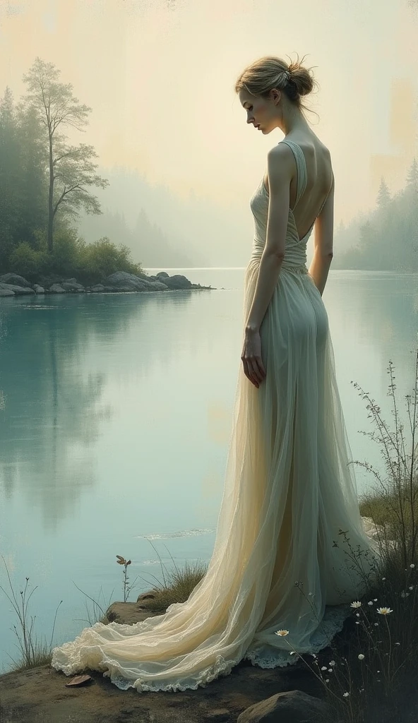 Abstract painting of a lady at the lake