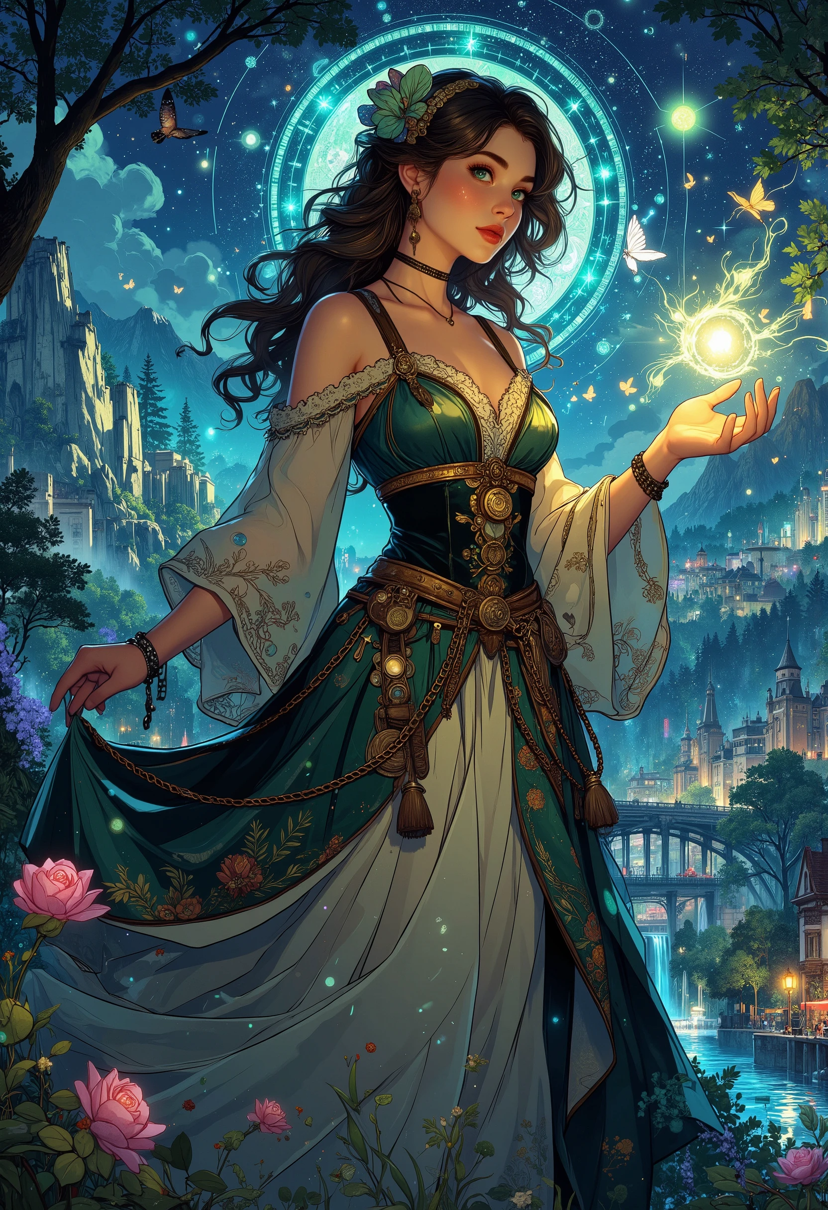fantasy style, Beautiful girl, sorceress, in a beautiful outfit with beautiful patterns a lush dress, творит magic разводя руками создаёт магические символы в небесах, a beautiful city is visible, night stars, symbols sparkle beautifully resembling magical flowers, very pretty, forest trees and beautiful mountains in the valley, a magnificent view with beautiful effects, Very beautiful colors, rich colors, better quality, high quality, difficult details, 8 k, beautiful detail, good quality, colourful, great , magic, magic, Fantasy, the huge scale of what is happening, birds and butterflies fly, a river flows through the forest, past a beautiful city, masterpiece,