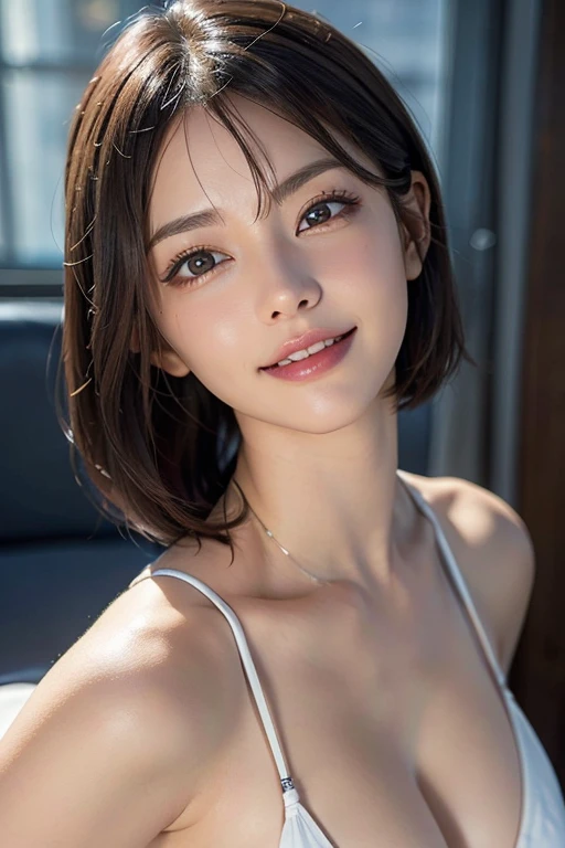 Photo shot Medium-long shot,(Representative work:1.4)、(8k、realist、raw photo、Maximum image quality:1.4)、wearing sexy_attire, kkw-ph1,(22 year old young man)、beautiful face、(rostro realist),(Dark brown hair、short hair:1.3)、beautiful hairstyle、shiny hair,Ojos realist 、light eyes, detailed and beautiful eyes、(Piel hermosa realist)、very detailed skin、Fashion Inlaid Necklace Set with Drop-shaped Ornaments for Women, Clear teardrop earrings with metal inlays, She wears a thin chain around her neck with a pendant similar to earrings.、charm、White shirt with lots of embroidery and no shoulders, sleeveless,muy High resolution、surreal、High resolution、golden ratio、Gray background,big smile,