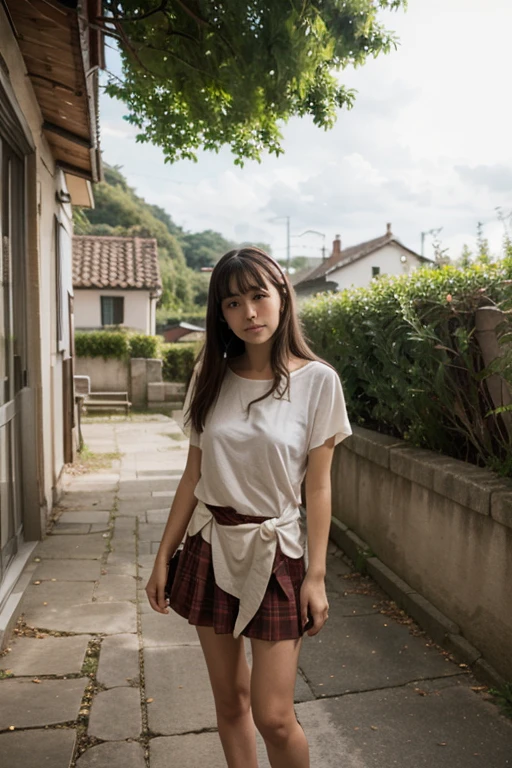 a girl with cute cute ponytail, wear maroon clothes and shortpants in a rural